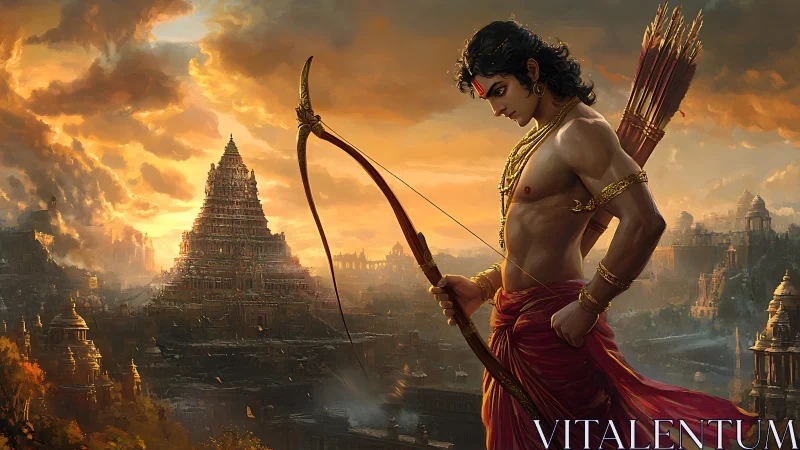 Epic archer prince before temple city at sunset, digital painting