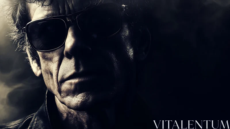 Moody portrait of older man in sunglasses, noir lighting.