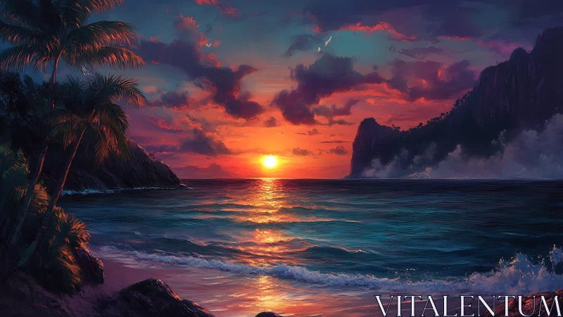 Vibrant digital seascape sunset with cliffs and palms.