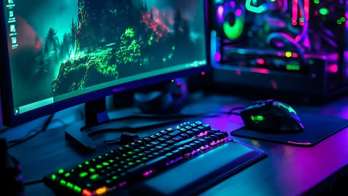 Neon battlestation hums while digital worlds quietly awaken