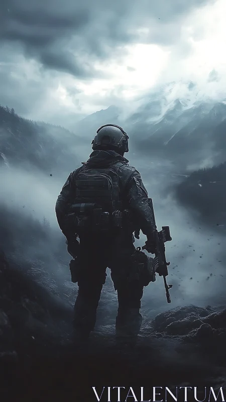 Lone soldier pausing in misty mountain silence at dusk.