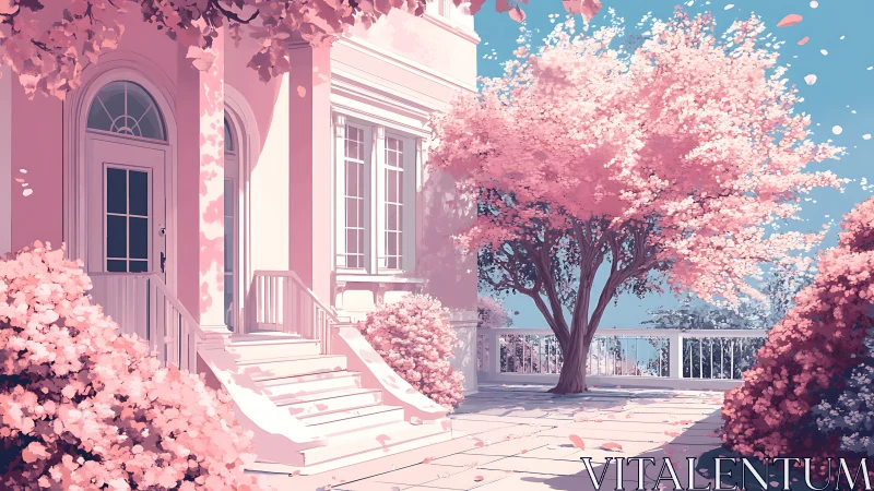 Pink villa terrace glows under blooming spring cherry tree.
