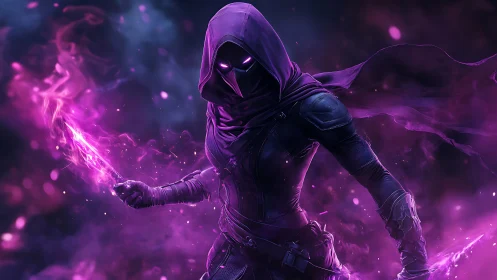 Mystic rogue wrapped in violet fire and swirling shadowed light.