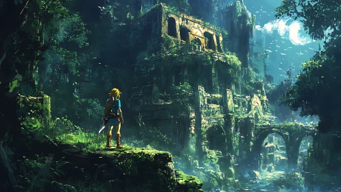 Young adventurer greeting sunlit ruins in a secret valley.
