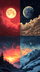 Four seasonal mountain skies with moons and clouds.