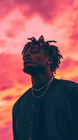 Silhouetted portrait under vivid pink orange sunset sky.