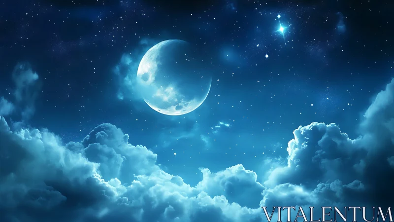 Digital night sky with crescent moon above cloud layer.