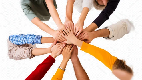 Diverse group teamwork with joined hands, top view, modern style.