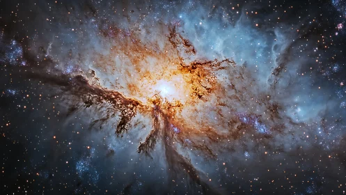 Photorealistic stellar nebula core with radiant dust structures.