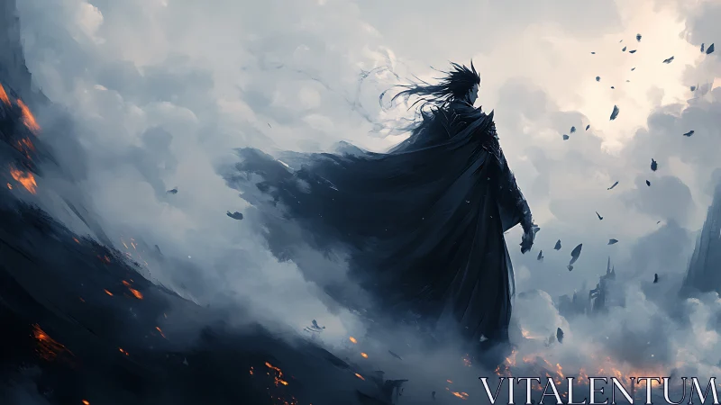 Lone dark wanderer gazing into a stormlit fantasy sky.