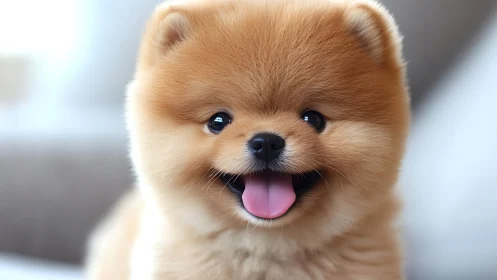 Smiling Pomeranian puppy in soft-focus studio lighting portrait.