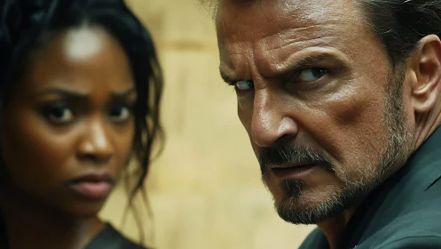 Close cropped portrait of two people in tense profile view.