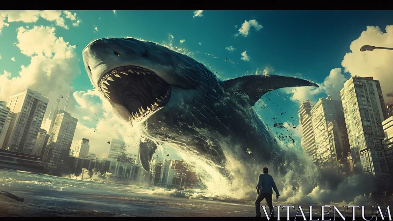 Colossal shark erupts through flooded city streetscape