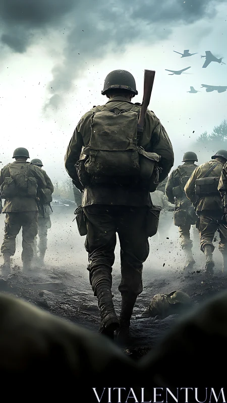 Infantry unit advancing across muddy battlefield terrain.