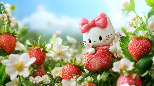 Hello Kitty figurine positioned among strawberry plants and white flowers.