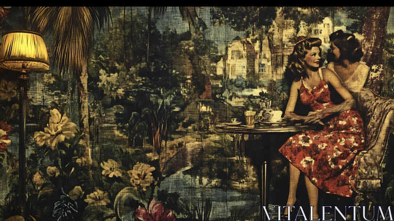 Vintage cafe conversation in tropical patterned interior.