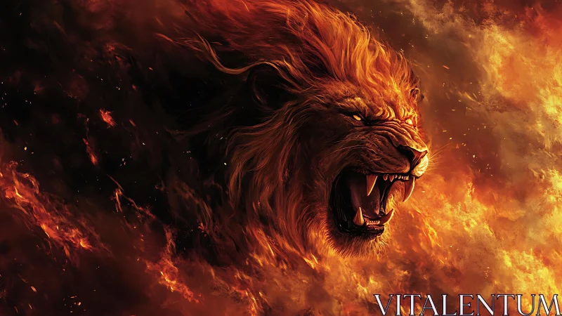 Fiery roaring lion head emerging through blazing inferno.