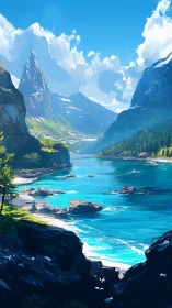 Mountain lake valley shows turquoise water between steep cliffs