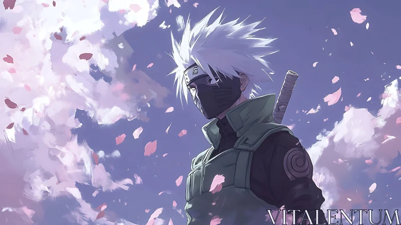 Masked anime swordsman stands under drifting cherry blossoms