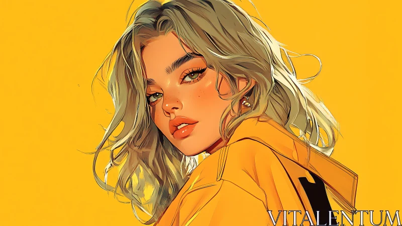 Warm-toned digital portrait of blonde woman in yellow jacket.