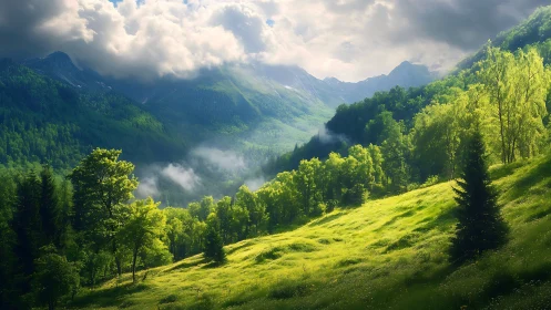 Sunlit alpine valley with steep forested slopes and low cloud layers