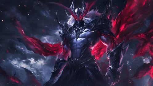 Armored dark warlord emerges amid crimson energy shards