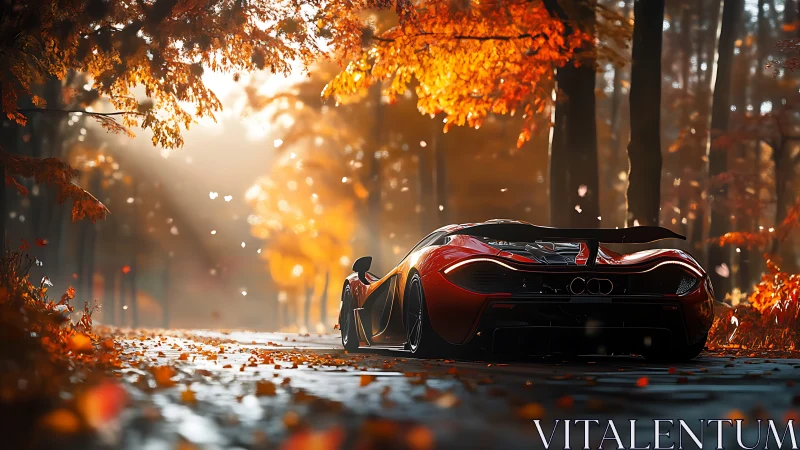 Hypercar rear profile under volumetric autumn forest lighting.