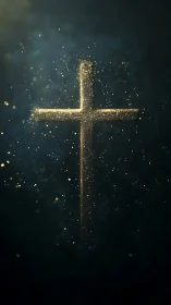 Golden cross made of glowing dust on dark background.
