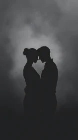 Silhouetted Couple About to Kiss Against Stormy Sky.