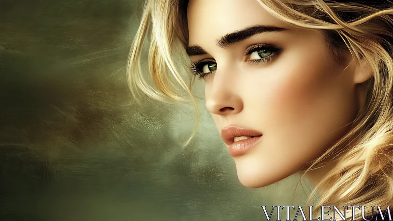 Digital portrait of blonde woman with green eyes, side view.