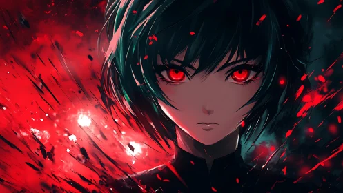 Intense anime portrait renders a red-eyed figure in kinetic light