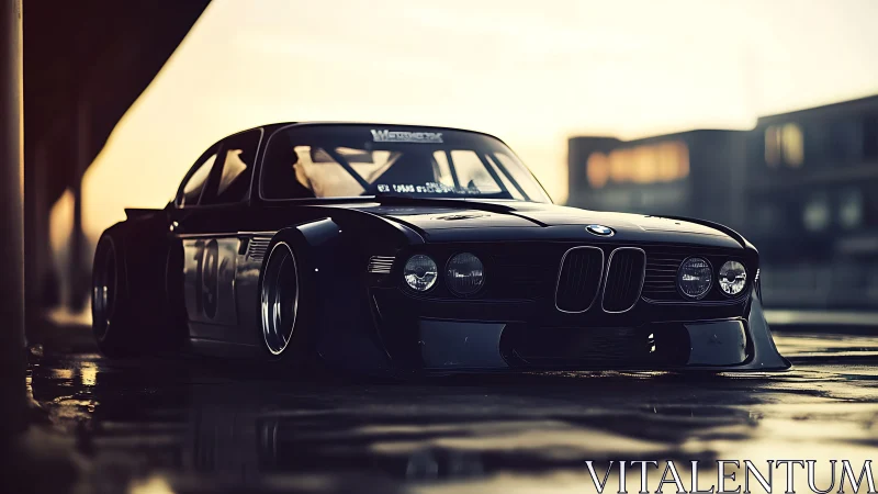 Low-angle view shows modified BMW race car on wet surface
