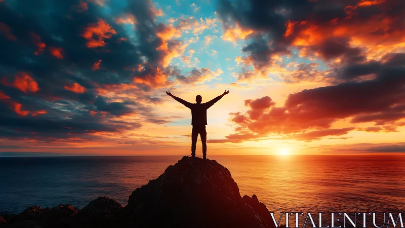 Sunset silhouette celebrates freedom atop ocean cliff.