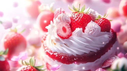 Strawberry Cream Cupcake with Pink Bokeh Background.