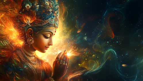 Celestial goddess in glowing prayer amid swirling cosmos.