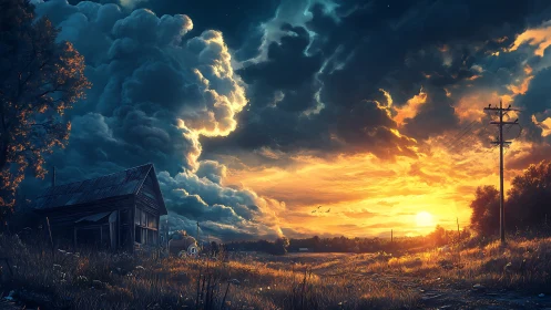 Stormlit country sunset ignites dramatic rural horizon.