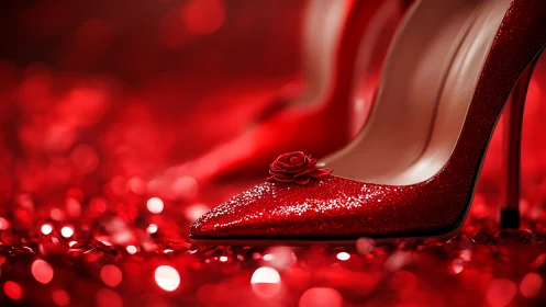 Sparkling red stiletto heels shimmer in romantic bokeh light