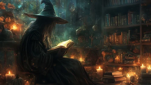 Enigmatic witch reading by candlelit arcane library.