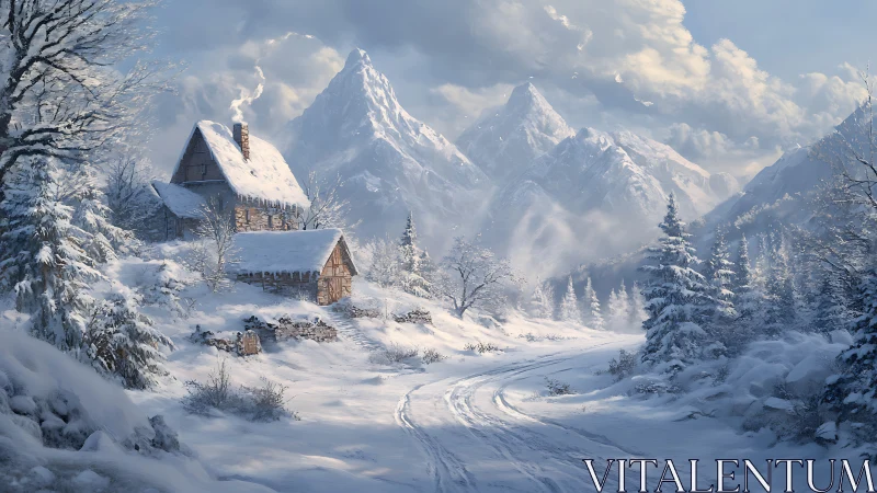 Snowbound mountain cabin with winding forest track.