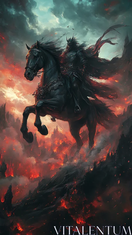 Armored rider on black horse crosses volcanic landscape