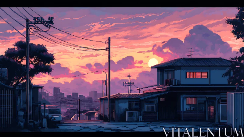 Suburban residential street under pixel sunset sky.