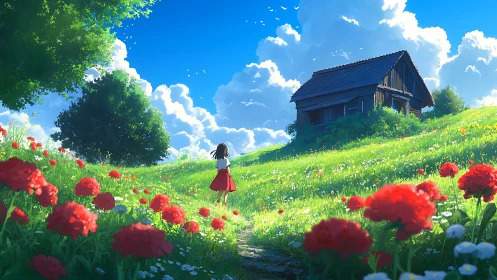 Girl walks through flowered hillside toward wooden house structure