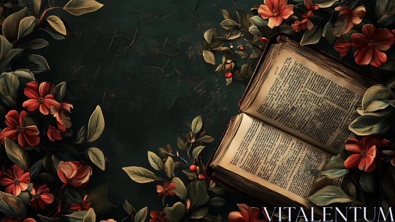 Antique open book framed by red florals on dark textured field