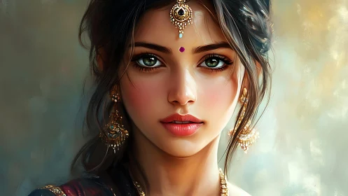 Emerald-eyed woman adorned with ornate golden jewelry.