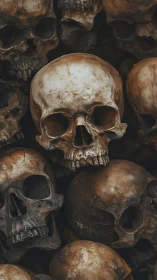 Stacked human skull cluster in muted photorealistic chiaroscuro.