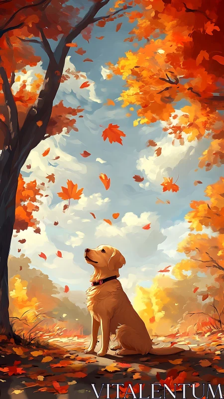 Gentle golden retriever enjoys a peaceful walk under autumn leaves