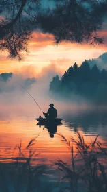 Solitary angler adrift in ember mist and sapphire dawn.