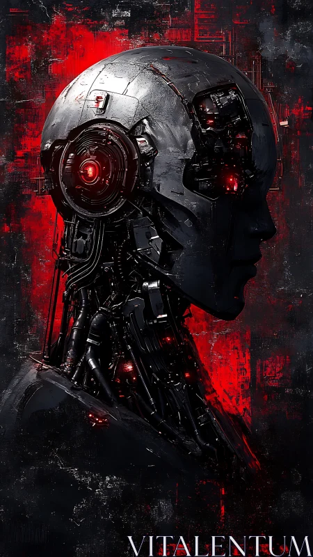 Cybernetic android profile glows with red neural cores.