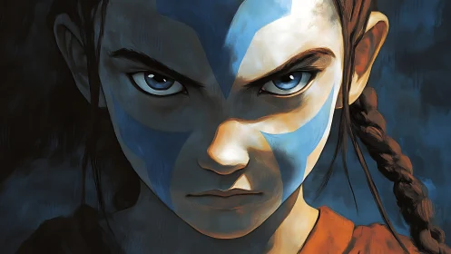 Warrior child portrait shows fierce gaze with blue warpaint