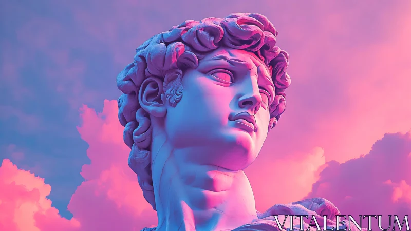 Neon-drenched marble hero gazes through candy floss skies.